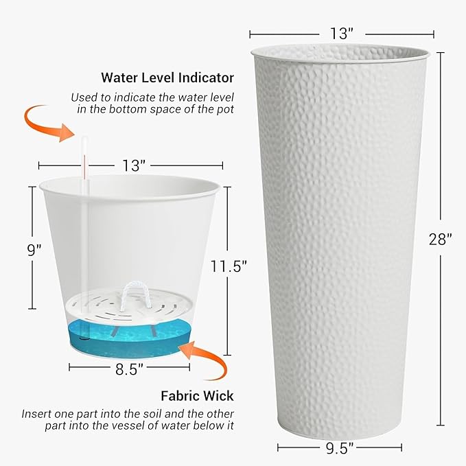 Worth 2 Pack 28" Tall Narrow Metal Planter with Inside Pot for Indoors or Outdoors, Deck, Patio or Front Porch, Hand-Hammered Texture, White