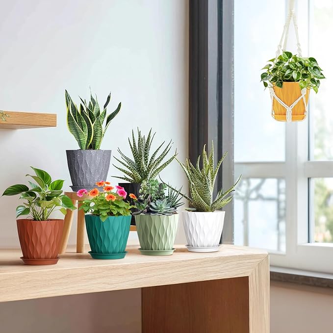 7 inch Plant Pots for Indoor Outdoor Plants, 5 Pack Thick Nursery Pots with Drainage Holes and Saucers, 3D Modern Wave Texture Plastic Planter Pots for Flowers and House Plants, Multicolor