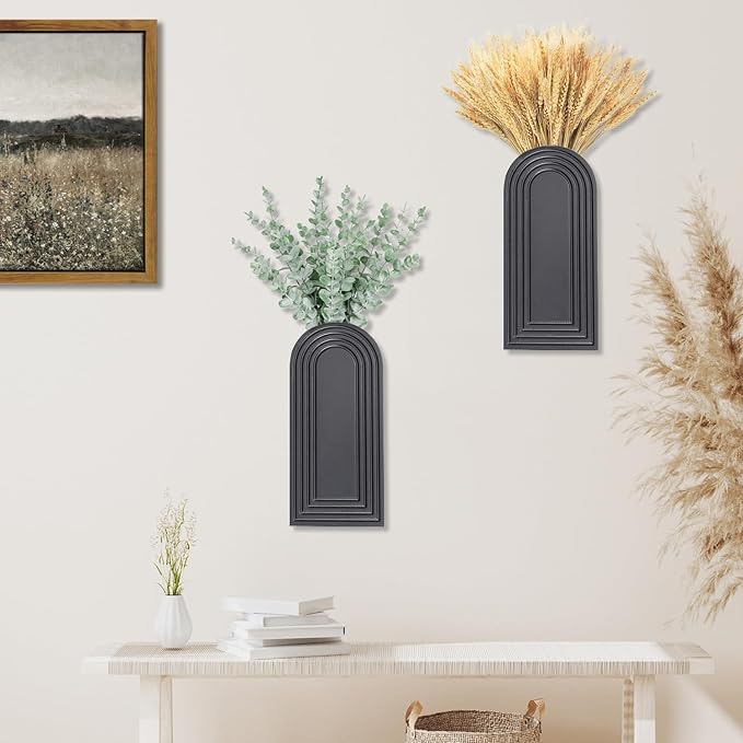 2 Pack Wooden Wall Vase Set - Black Finish Modern Farmhouse & Boho Wall Decor for Entryway, Hallway, Bathroom, Living Room, Dining Room, Narrow Spaces