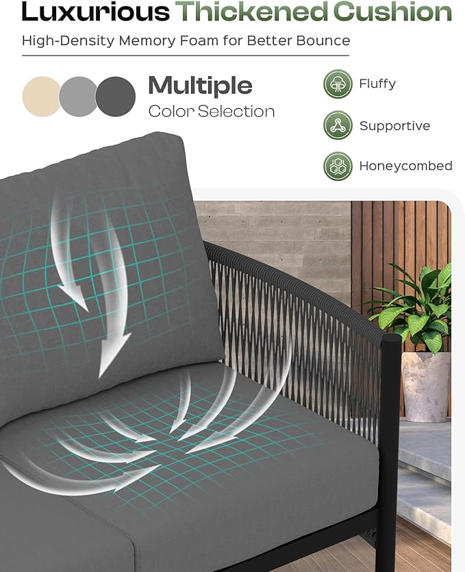 Aluminum Outdoor Patio Furniture Set with Dual-Layer Coffee Table, 4 Piece Modern Patio Conversation Sets with PE Rope, Outdoor Sectional Sofa with Thick Cushions for Balcony, Porch, Charcoal