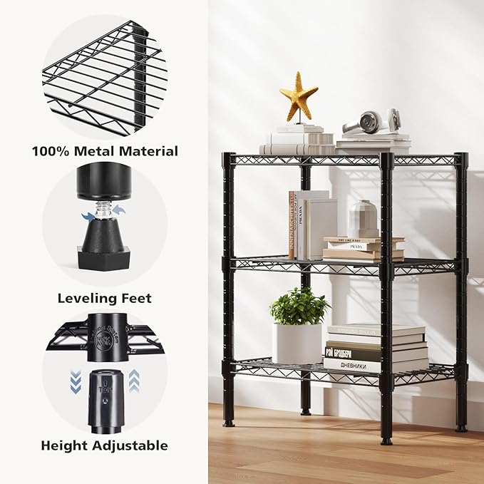 DUMOS 3-Tier Metal Wire Storage Shelves, Adjustable Standing Storage Rack Shelf, Heavy Duty Steel Shelving Unit Organizers for Kitchen Bathroom Pantry Garage, 23.3" W×13.4" D×30" H, Black
