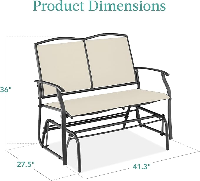 Best Choice Products 2-Person Outdoor Patio Swing Glider Steel Bench Loveseat Rocker for Deck, Porch w/Textilene Fabric, Steel Frame - Ivory/Gray
