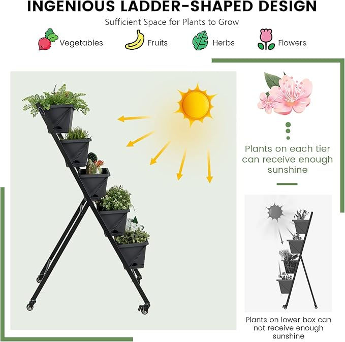 Giantex Vertical Raised Garden Bed on Wheels, Elevated Planter Raised Beds with Water Drainage, Freestanding 5 Container Boxes for Vegetables and Flowers Growing, Outdoor Indoor Patio Balcony