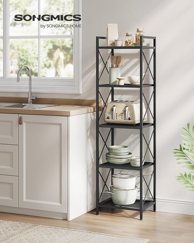 SONGMICS 5-Tier Metal Storage Rack, Shelving Unit with X Side Frames, Dense Mesh, 12.6 x 15.7 x 57.3 Inches, for Entryway, Kitchen, Living Room, Bathroom, Industrial Style, Ink Black UBSC145B01