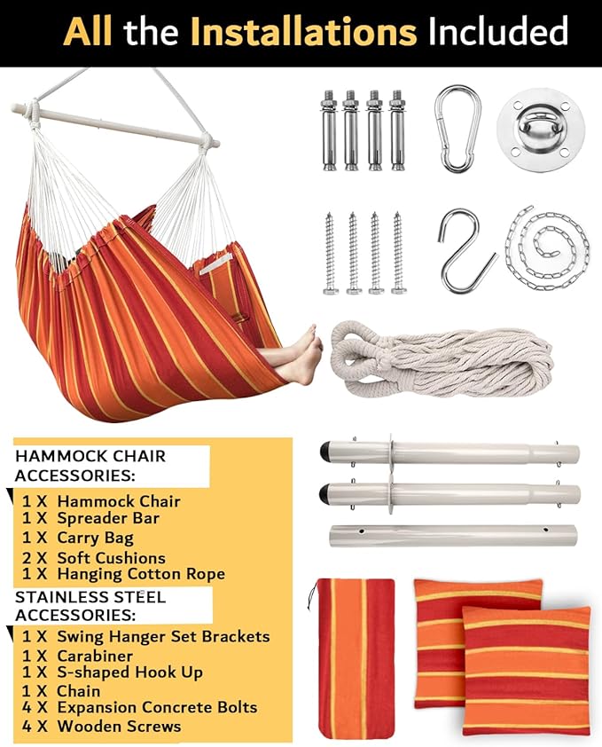 XXL Hammock Chair Hanging Rope Swing with 2 Cushions - Max 500lbs-Perfect for Patio, Porch, Bedroom, Backyard, Indoor or Outdoor - Includes Hanging Hardware Kits