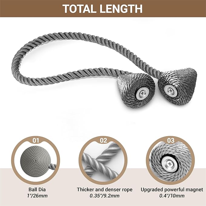 Hion Magnetic Curtain Tiebacks Grey 2pcs, Curtain Tiebacks Buckles Holdbacks Holders Hooks Clip for Home Bedroom Office Decorative Curtain