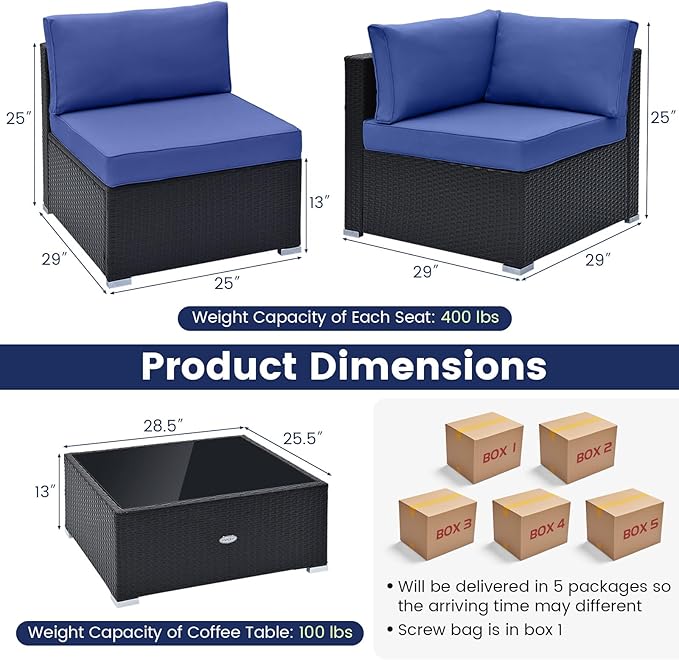 Tangkula 10 Pieces Patio Sofa Set, Outdoor Wicker Conversation Set with Soft Cushions, Tempered Glass Tabletop, Sofa Fastener Clips Included, Rattan Furniture Set for Backyard, Poolside (Navy)