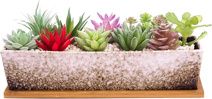 Succulent Pots - Large Succulent Planter Pots with Drainage, 12 Inch Long Rectangle Bonsai Pot with Bamboo Tray Shallow Ceramic Cactus Flower Planter Window Box for Home Garden Decor (White)