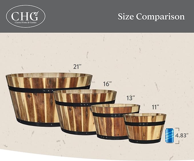 Classic Home and Garden Outdoor Whiskey Resin Flower Pot Barrel Planter, Oak Brown, 20.5" (Pack of 2)