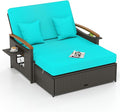 Tangkula Patio Rattan Daybed with 4-Level Adjustable Backrest, Outdoor Wicker Loveseat with Acacia Wood Armrest, Storage Ottoman & Folding Tray, Double Sunbed for Balcony, Yard & Poolside (Turquoise)