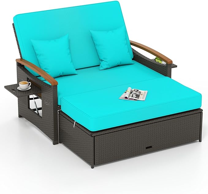 Tangkula Patio Rattan Daybed with 4-Level Adjustable Backrest, Outdoor Wicker Loveseat with Acacia Wood Armrest, Storage Ottoman & Folding Tray, Double Sunbed for Balcony, Yard & Poolside (Turquoise)