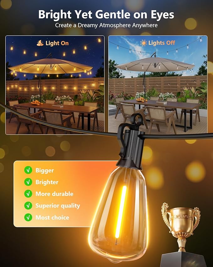Brightown 100FT Solar String Lights Outdoor Waterproof with Remote, 31+2 LED Shatterproof Bulbs, Dimmable & Timable, 3 Light Modes - Commercial Grade Patio Lights for Garden Backyard Party Decor