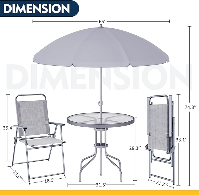 Shintenchi 6 Piece Patio Dining Set with Umbrella, Outdoor Furniture Set with 4 Folding Chairs and Tempered Glass Top Dining Table fot Lawn Backyard Garden Porch, Silver
