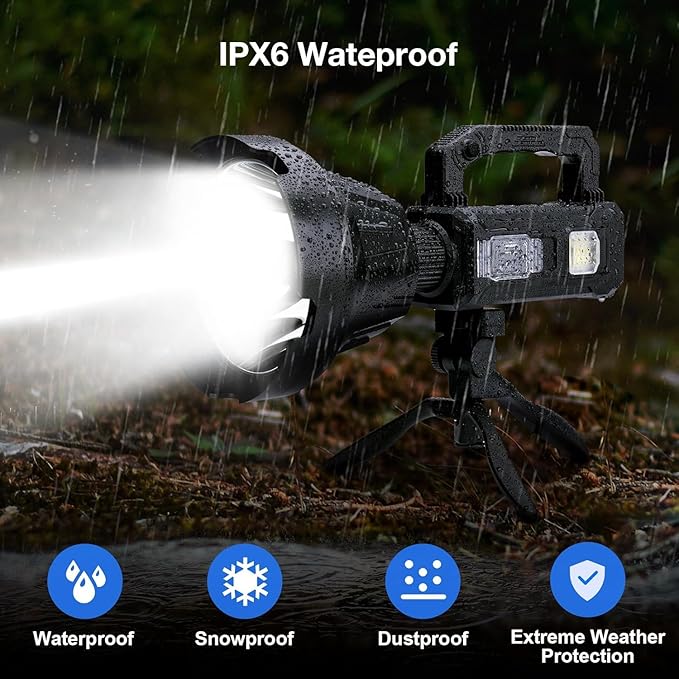 Solar Rechargeable Spotlight, 2,000,000L High Lumens Led Spot Lights Outdoor Handheld Super Bright Long Range Flashlight with 6 Modes, 3 Colored Filters, Tripod, USB C, IPX6 Waterproof for Fishing