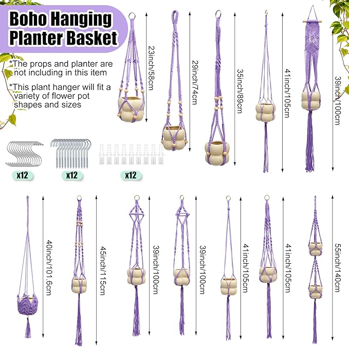 Hoteam 12 Pcs Macrame Plant Hangers Macrame Hanging Planters for Indoor Plants Handmade Boho Hanging Baskets Flower Pots Holder for Outdoor Home Wall Decor