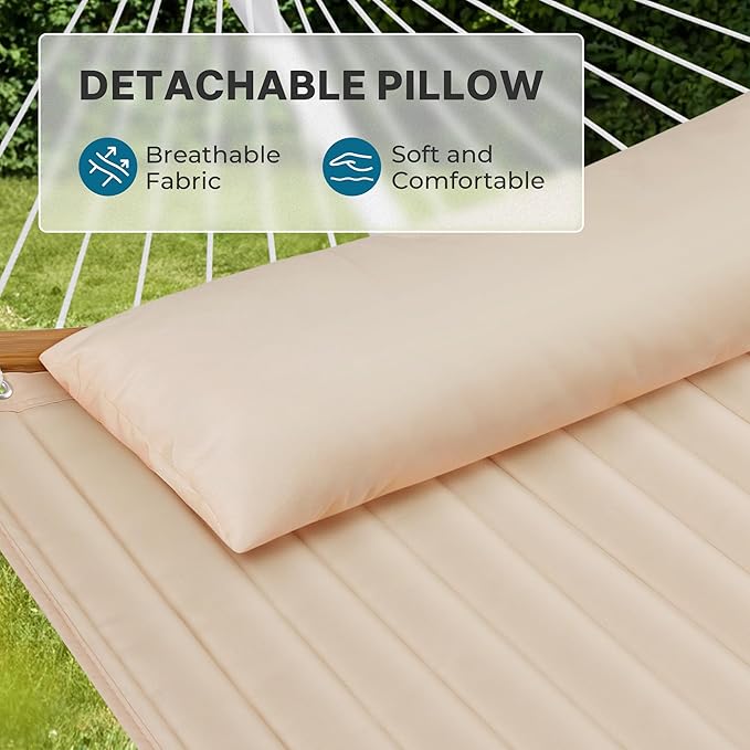 SUPERJARE Hammock with Stand, 2 Person Heavy Duty Hammock with Padded Cotton, Detachable Pillow & Strong Curved-Bar & Portable Carrying Bag, Perfect for Outdoor & Indoor, Beige