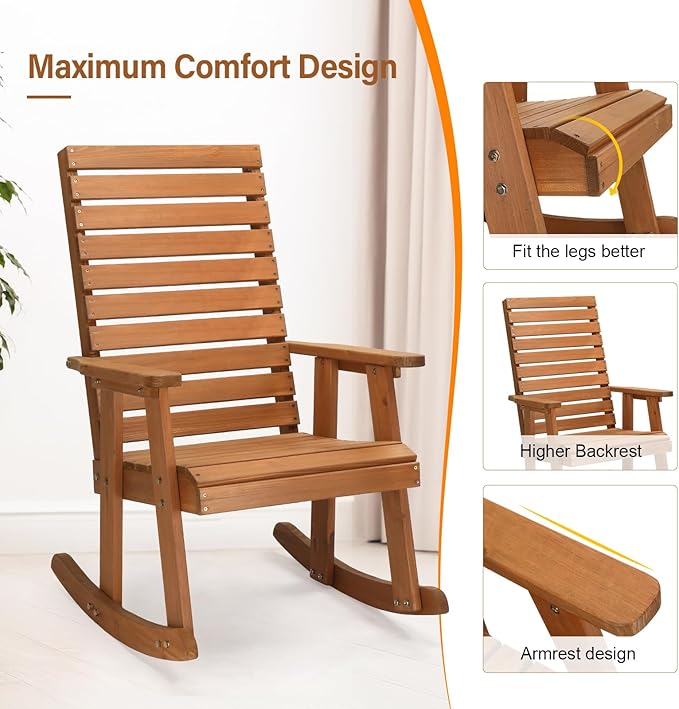 VINGLI Wooden Rocking Chair with High Backrest, Solid Fir Wood, Heavy Duty 600 LBS Patio Rockers for Indoor and Outdoor, Garden, Yard, Patio