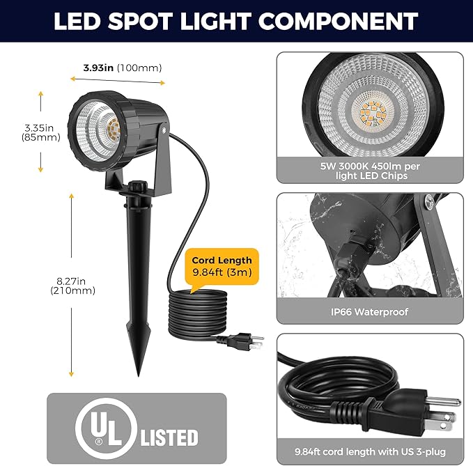 L LOHAS LED Landscape Lighting Outdoor, Spotlights for Yard Pathway Garden IP66 Waterproof, Dusk to Dawn Light Sensor, 120V 5W 450LM Yard Flood Light with 3-Plug, 3000K Warm White, UL Listed, 4Pack