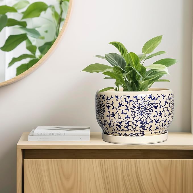 SQOWL 10 Inch Plant Pot Indoor - Ceramic Planter with Drainage Hole and Tray, Large Ceramic Flower Pots Outdoor, Porcelain Decorative Round Planter, Room Decor, Gifts for Plant Lovers, Blue and Beige