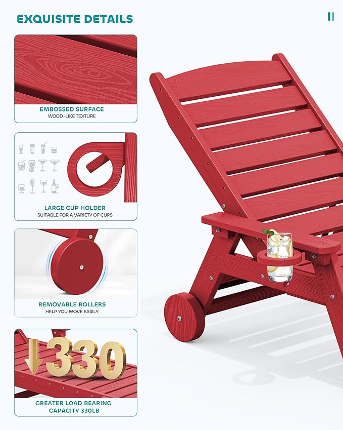 SERWALL Patio Chaise Lounge Chair Set of 2, 78'' Long 5-Positions Adjustable HDPE Outdoor Lounger for Pool, Poly Lounge Chair with Rolling Wheels & Cup Holder for Poolside, Deck, Bright Red