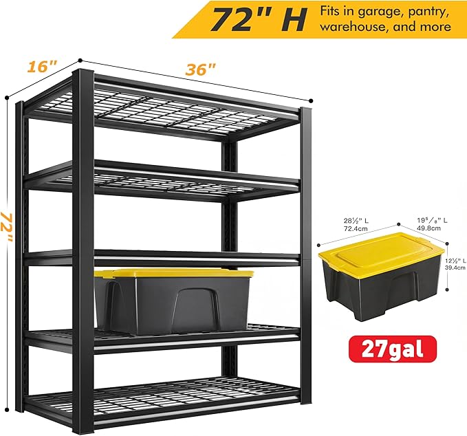 REIBII Garage Shelving 3200LBS, 5-Tier Storage Shelves, Adjustable Industrial Metal Shelving Unit for Garage, Basement, Pantry, Warehouse,Commercial, 36" W x 16" D x 72" H
