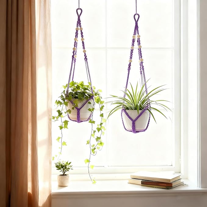 Macrame Plant Hanger, Up to 4-15 inch Pots, Wood Beads Cotton Hanging Planter Holder for Indoor Outdoor Boho Home Decor, 35 Inch, Set of 2 (Purple)