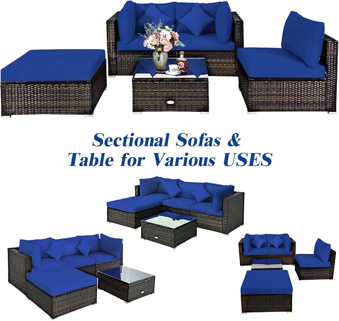 Tangkula 5 Pieces Patio Rattan Furniture Set, Outdoor Sectional Rattan Sofa Set with Back & Seat Cushions, Wicker Conversation Set with Tempered Glass Table for Backyard Porch Garden Poolside (Navy)