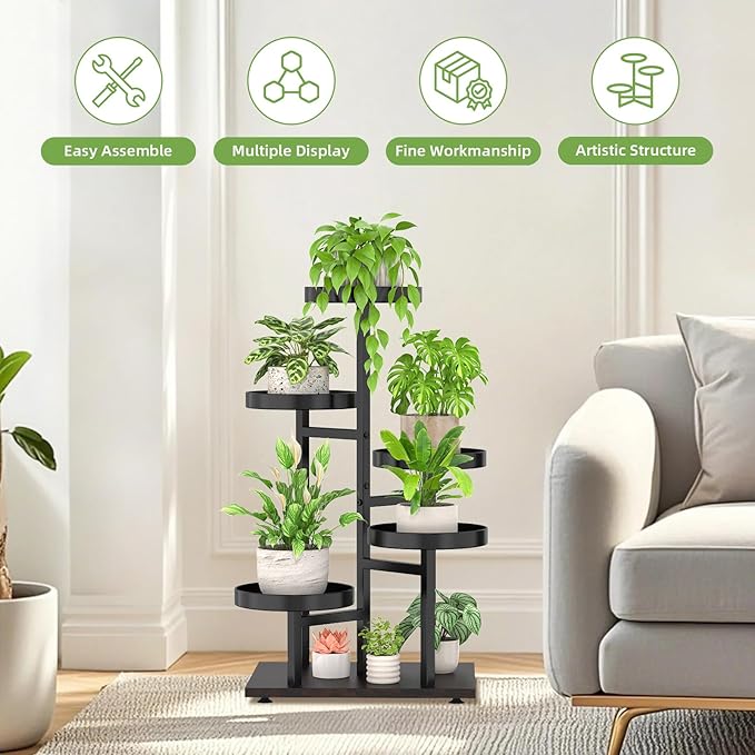iDavosic.ly 5 Tier Plant Stand Indoor, Tiered Corner Metal Wood Multiple Flower Holder Shelf, Tall Orchid Display Rack for Patio Porch Living Room Balcony Outdoor, Black Walnut