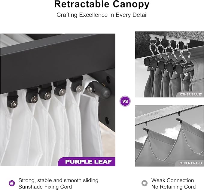 PURPLE LEAF 10' x 10' Outdoor Retractable Pergola with Double Sun Shade Canopy Patio Aluminum Pergola Metal Shelter with Light for Backyard Deck Garden, White