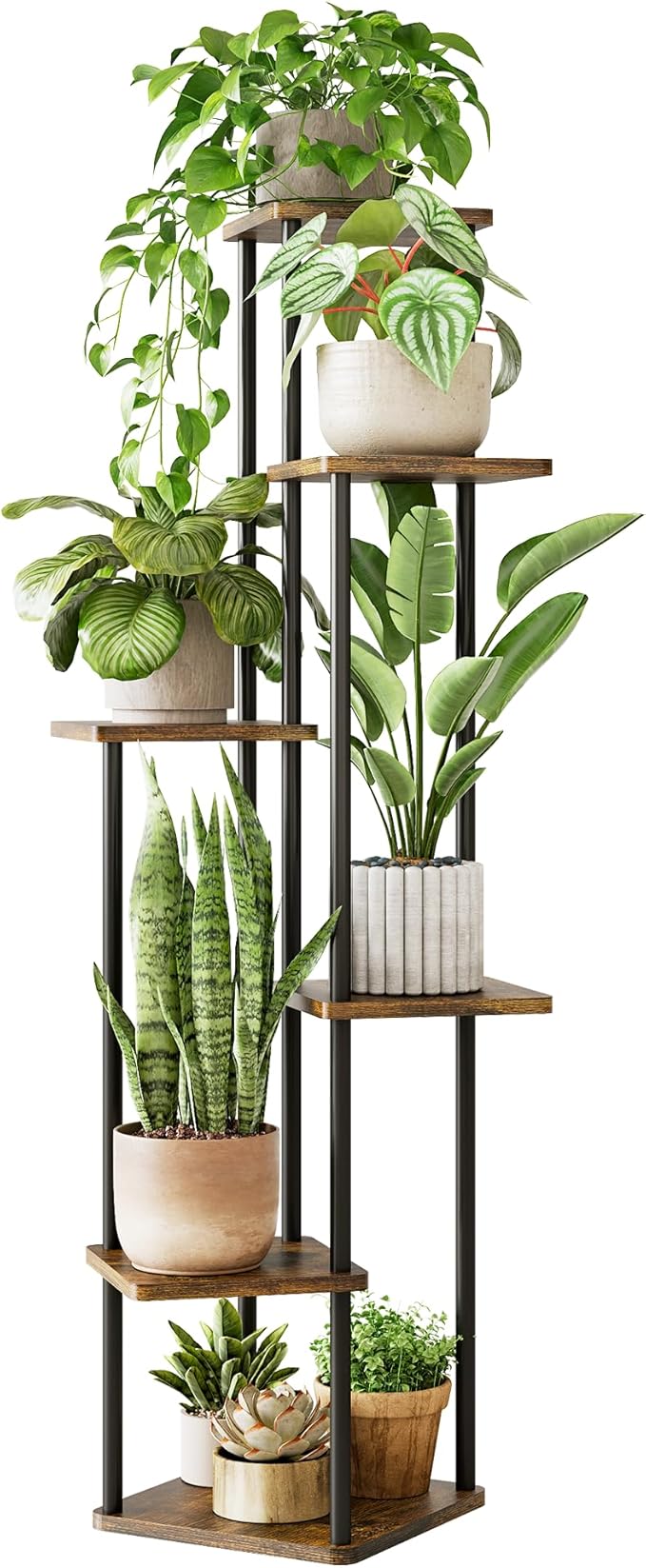 Corner Plant Stand Indoor 6 Tiered Plant Shelf for Multiple Plants Tall Plant Stand Shelf Wood Plant Stands Metal Shelving for Living Room Bedroom Balcony Brown Oak