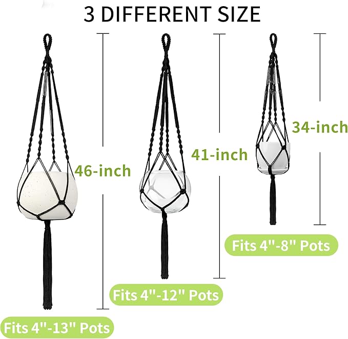 Macrame Plant Hanger - Fits 4 to 13 inches Pots for Indoor Outdoor, 34"/41"/46" 3 Sizes Set, Black (POTS NOT Included)