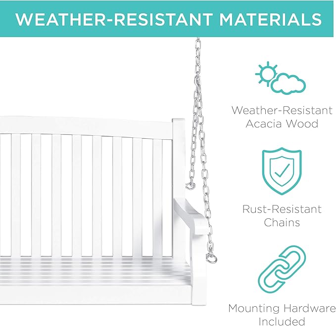 Best Choice Products 48in Wood Porch Swing Outdoor Patio Hanging Bench Chair Furniture for Deck, Garden, Yard w/Mounting Chains, Curved Back Design, 500lb Weight Capacity - White