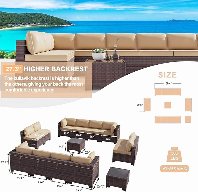 Kullavik 14 Pieces Outdoor Patio Furniture Set PE Wicker Rattan Sectional Sofa Patio Conversation Sets,Sand