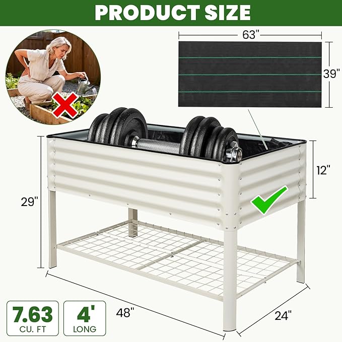 Elevated Raised Garden Bed 2' x 4'- Galvanized Metal Planter Boxes with Legs & Storage Rack, Outdoor Planters for Backyard/Patio/Balcony, with Drainage Holes for Vegetables, Flowers, Herbs, White