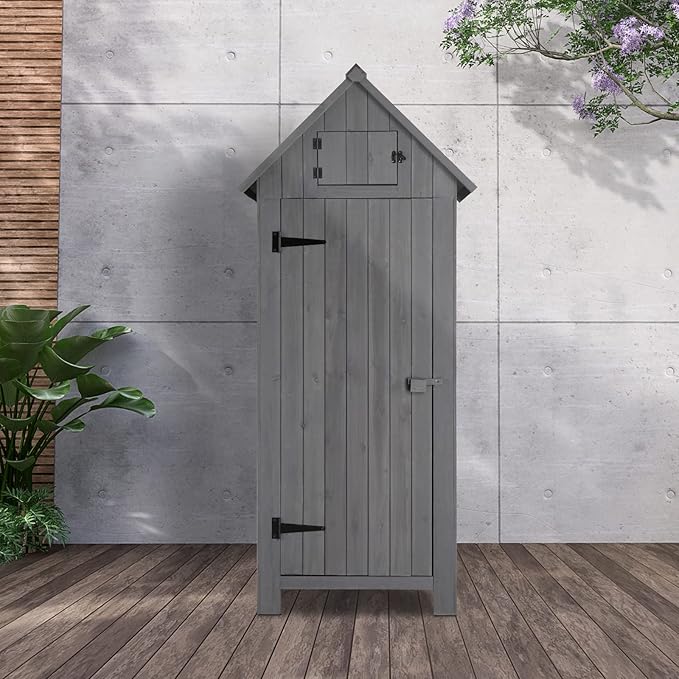 Outvita 70in Outdoor Storage Shed, Waterproof Wooden Garden Storage Cabinet with Lockable Door, Grey