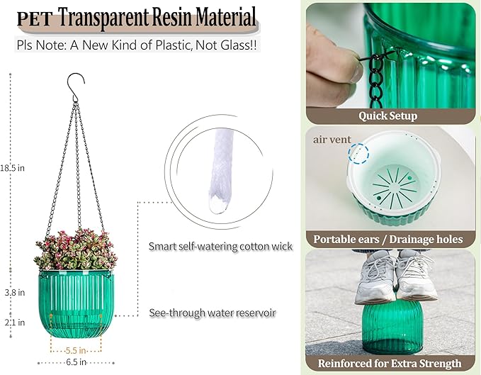Melphoe 2 Pack Self Watering Hanging Planters Indoor Flower Pots, 6.5 Inch Outdoor Hanging Plant Basket, Hanger with 3Hooks Drainage Holes for Garden Home (Emerald + Gray)