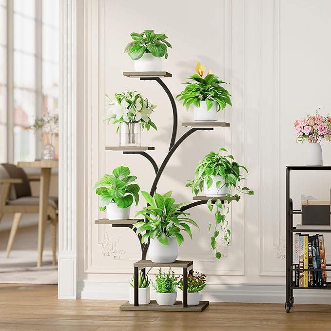 Plant Stand Indoor with Grow Lights, 7 Tiered Indoor Plant Shelf, 49" Corner Plant Stands for Indoor Plants, Metal Plant Flower Display Shelf, Tree-Shaped Plant Rack for Home, Patio, Grey