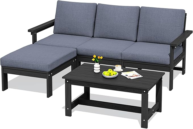 SERWALL Outdoor Sectional Sofa Set, 5-piece Outdoor Modula Couch Set with Ottoman, All Weather Patio Furniture Set with Chaise for Deck, Lawn, Black Frame with Gray Cushion