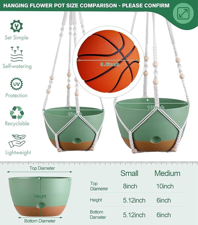 Set of 2-10 Inch Hanging Planters for Indoor Plants with Self-Watering Includes Hanging Pots for Plants, Outdoor Hanging Plant Pot with Drainage, and 2 Types of Baskets Hangers (Green, 10inch)