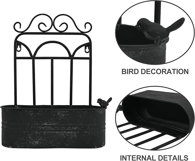Rustic Metal Wall Planter Vintage Wall Mounted Flower Pot Distressed Wall Hanging Plant Basket Farmhouse Wall Decor for Indoor Outdoor Garden Home Yard (Black)