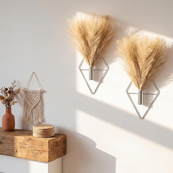2 Pieces Boho Wall Decor Hanging Planters with Artificial Plants Metal Hanging Vase Indoor Plants Holder Modern Wall Art for Bathroom Bedroom Living Room Decor, Silver, Pampas Grass