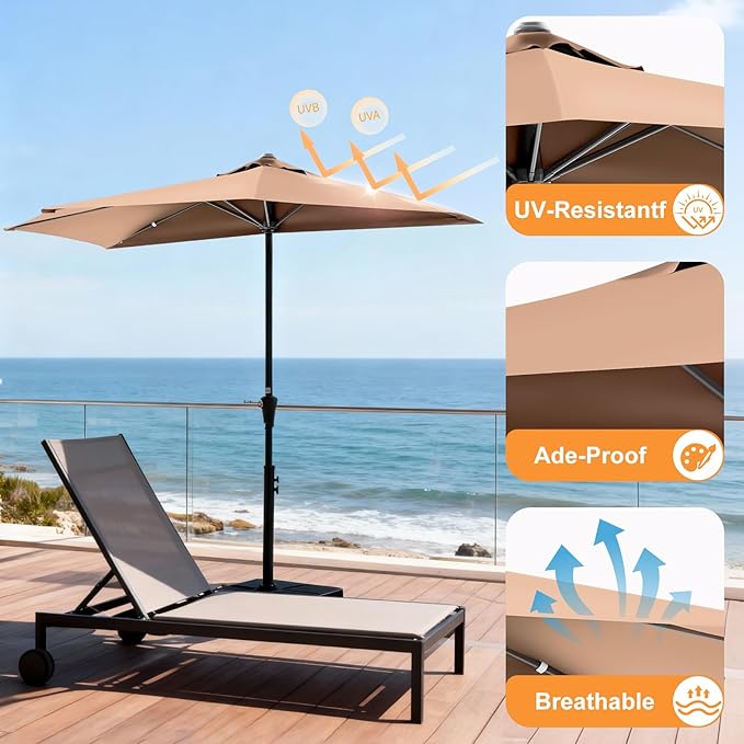 OLIXIS Half 9Ft Umbrella Outdoor Patio, Scalloped Patio Umbrella with Easy Crank, Sun Half Patio Umbrella for Balcony, Market, Garden, Khaki