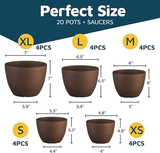 Planter Pots with Drainage Holes - Lightweight, Durable & Space-Saving Pots for Indoor and Outdoor - Versatile Functionality, Simple Modern Design, Set of 20 Plastic Planter Pots - Brown