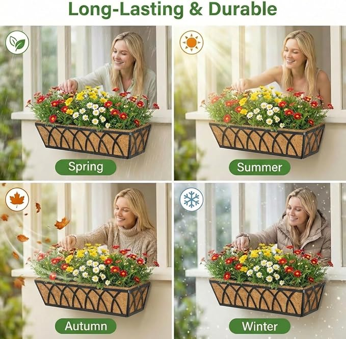 Y&M 24 Inch Fence Metal Hanging Flower Planter Window Basket Deck Railing Planter Boxes for Outdoor Garden Lawn， Window Deck with Coco Liner,6pcs