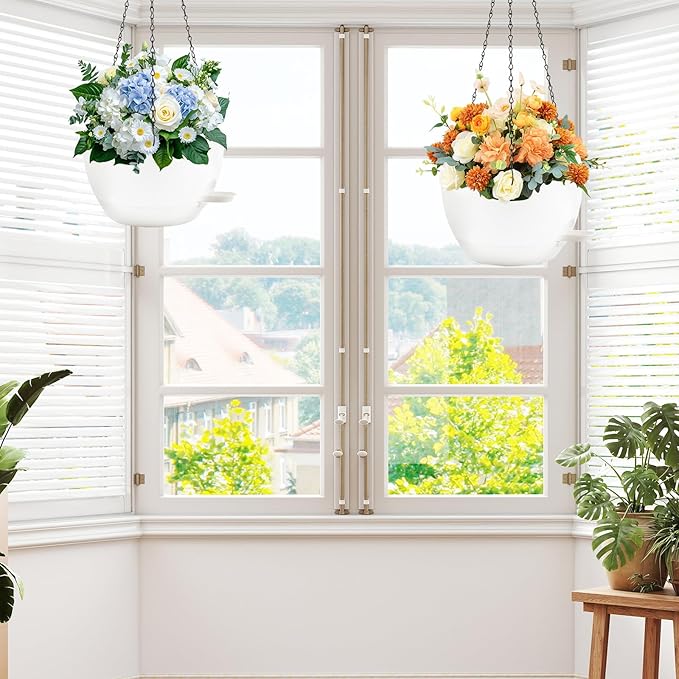 12 inch Hanging Planters for Indoor Plants, 2 Pack Self-Watering Hanging Planter Pots with Chain and Drainage Holes, Outdoor Plastic Hanging Baskets for Garden Home Decor (White, 2pcs/12inch)