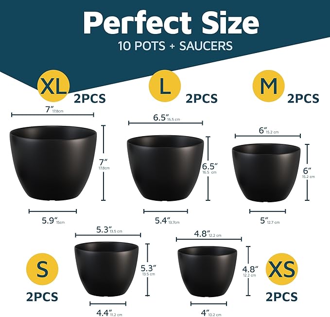 Lifemaster Plant Pots with Multi Drainage Holes - 10 Pieces Versatile, Sturdy Plastic, Stackable Design Home Decor Flower Pots for Indoor and Outdoor Gardening - Black
