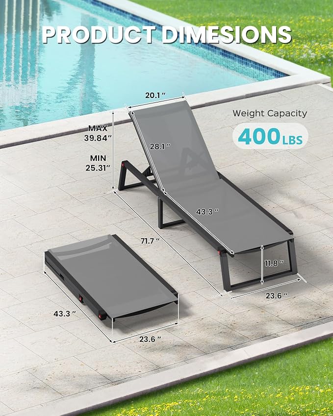 Aluminum Chaise Lounge Chair Outdoor, Foldable & No Assembly Pool Lounge Chairs 5-Position Recliner for Outside Poolside, Fully Grounded Legs Patio Sun Lounger for Pool, Beach, Yard, Dark Grey