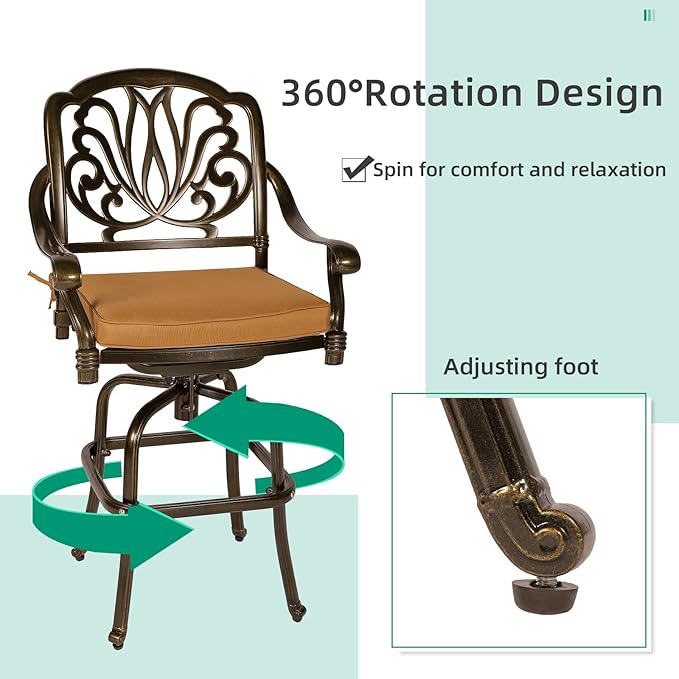 VIVIJASON 3-Piece Patio Swivel Bar Stools Set, All Weather Cast Aluminum Outdoor Bar Height Bistro Set with 2 Cushioned Bar Chairs & 31" High Bar Table w/Umbrella Hole for Backyard, Lawn, Garden