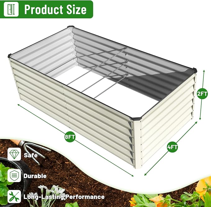 SnugNiture Galvanized Raised Garden Bed 8x4x2FT Outdoor Large Metal Planter Box Steel Kit for Planting Vegetables, Flowers, Beige White