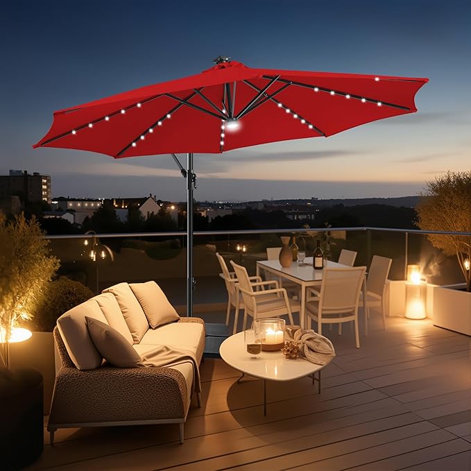 Solar Offset Patio Umbrella - 10 ft Solar Cantilever Umbrella Outdoor with 40 LED Lights and Cross Base, UV Protection for Garden, Deck, Backyard, Pool, Porch (Red)